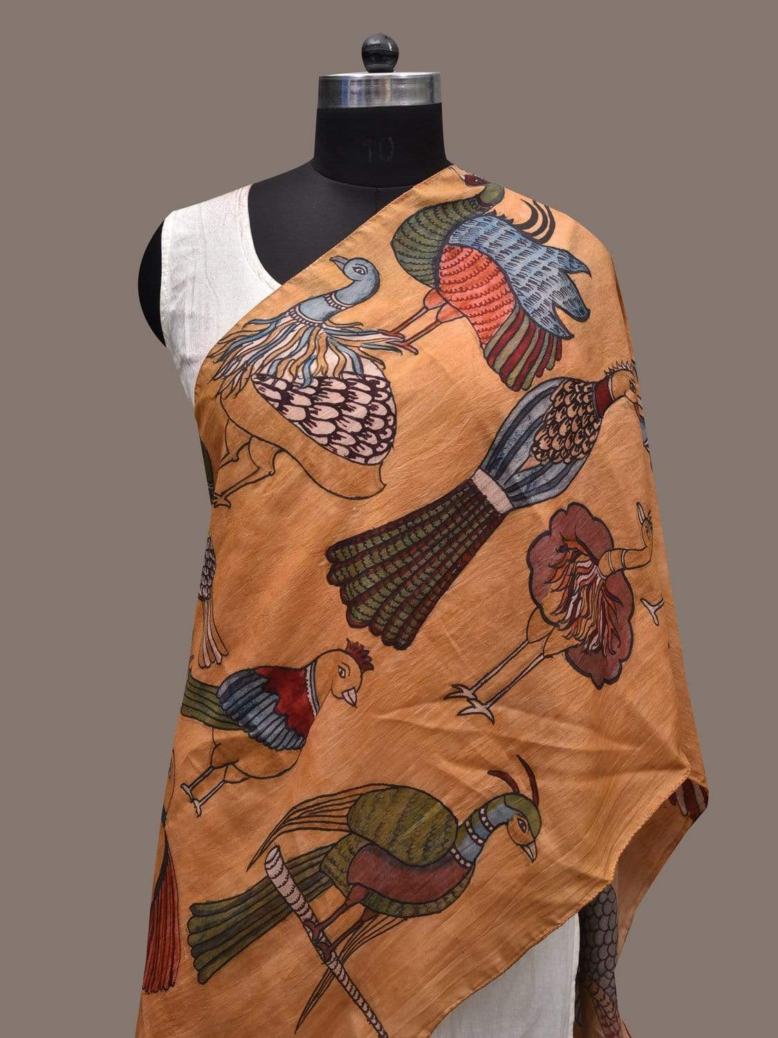 Mustard Kalamkari Hand Painted Silk Handloom Stole with Birds Design ds2337