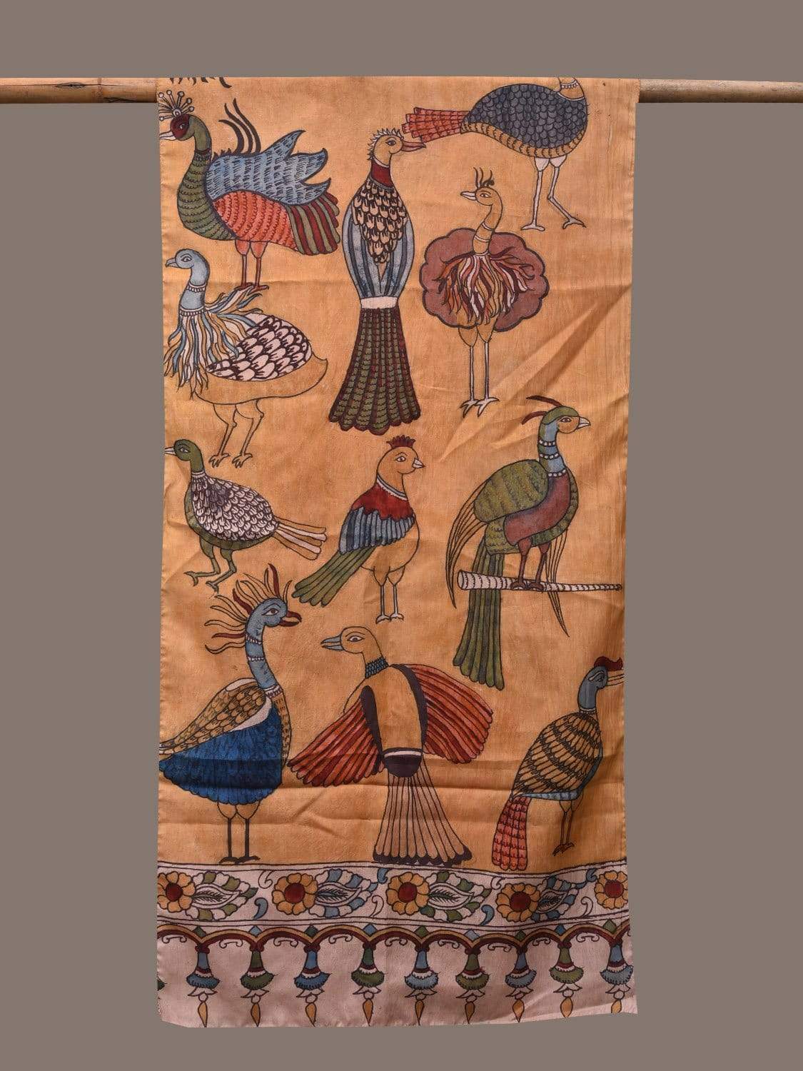 Mustard Kalamkari Hand Painted Silk Handloom Stole with Birds Design ds2337