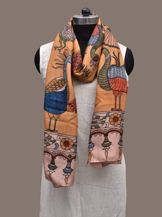 Mustard Kalamkari Hand Painted Silk Handloom Stole with Birds Design ds2337