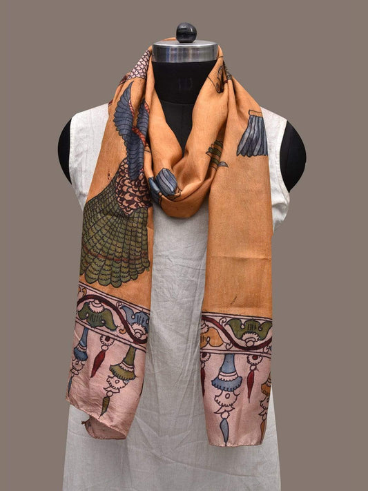 Mustard Kalamkari Hand Painted Silk Handloom Stole with Birds Design ds2340