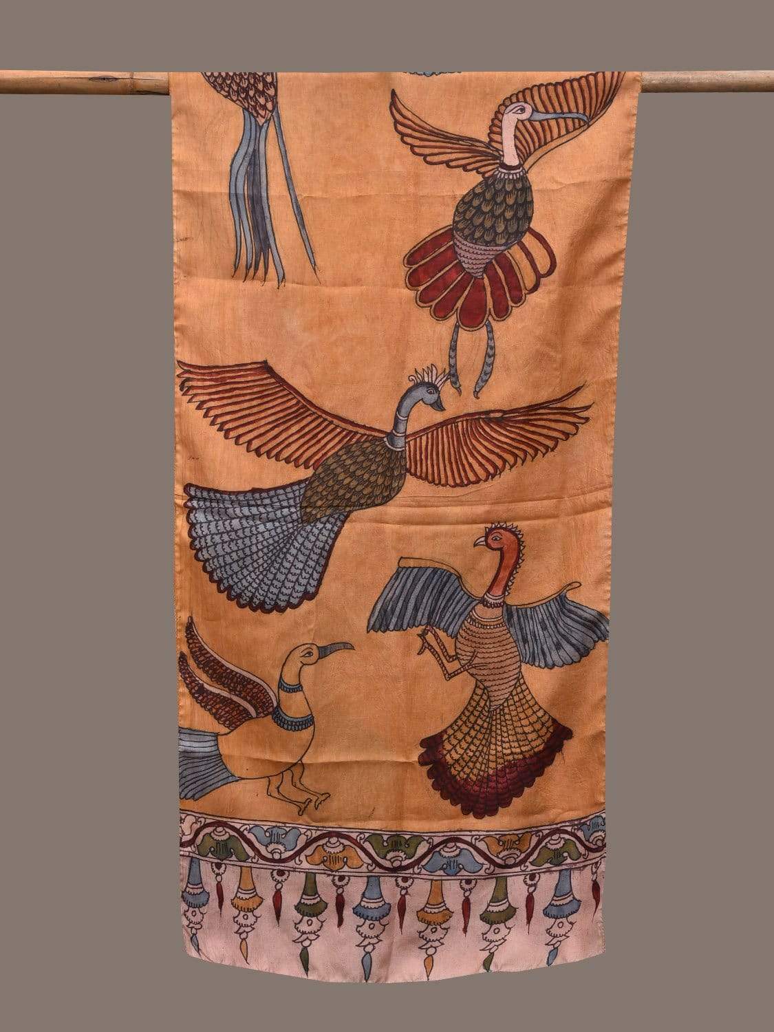 Mustard Kalamkari Hand Painted Silk Handloom Stole with Birds Design ds2340