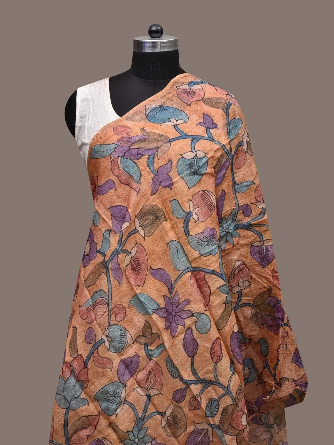 Mustard Kalamkari Hand Painted Tussar Handloom Dupatta with Floral Design ds2334
