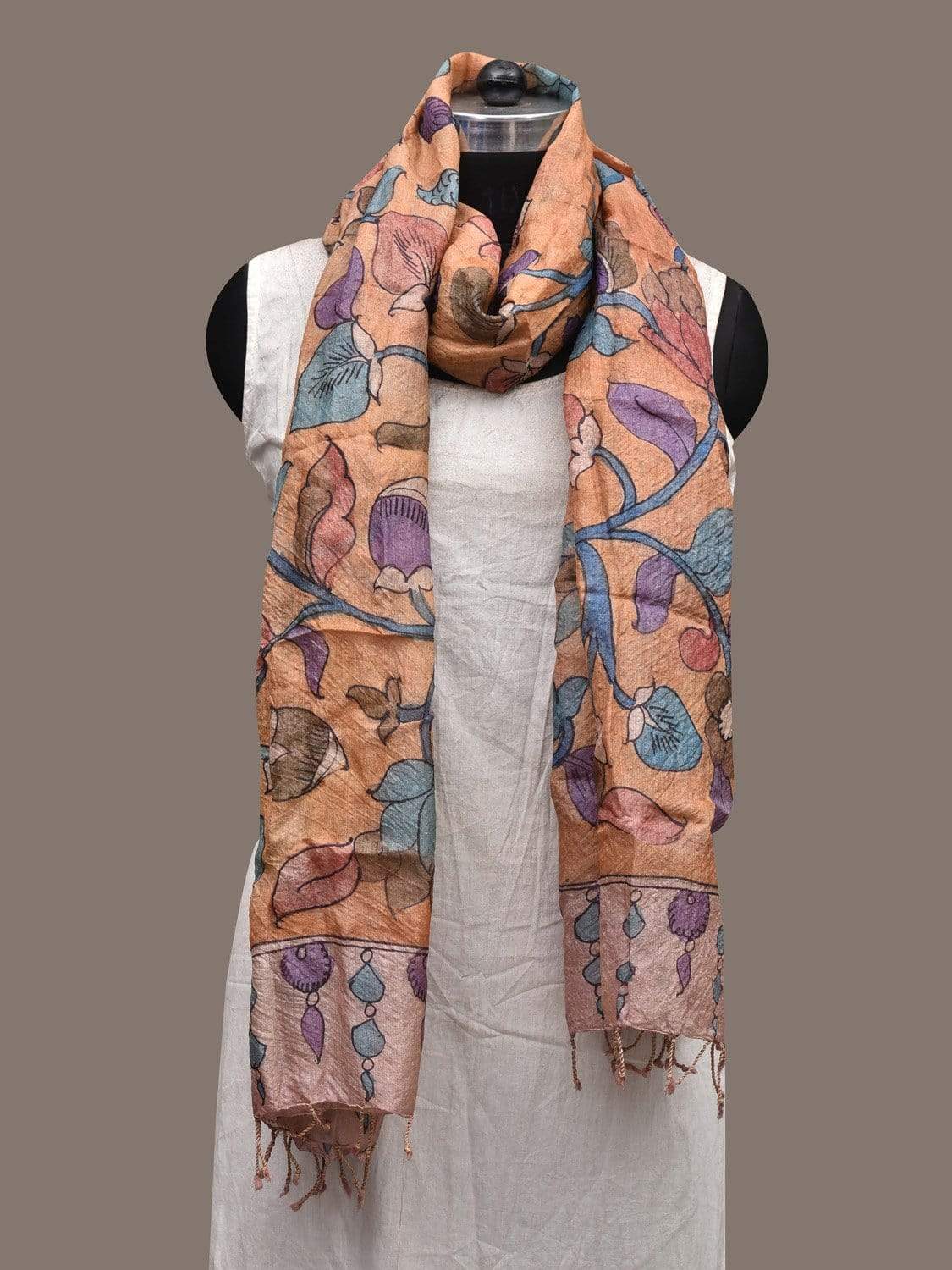Mustard Kalamkari Hand Painted Tussar Handloom Dupatta with Floral Design ds2334
