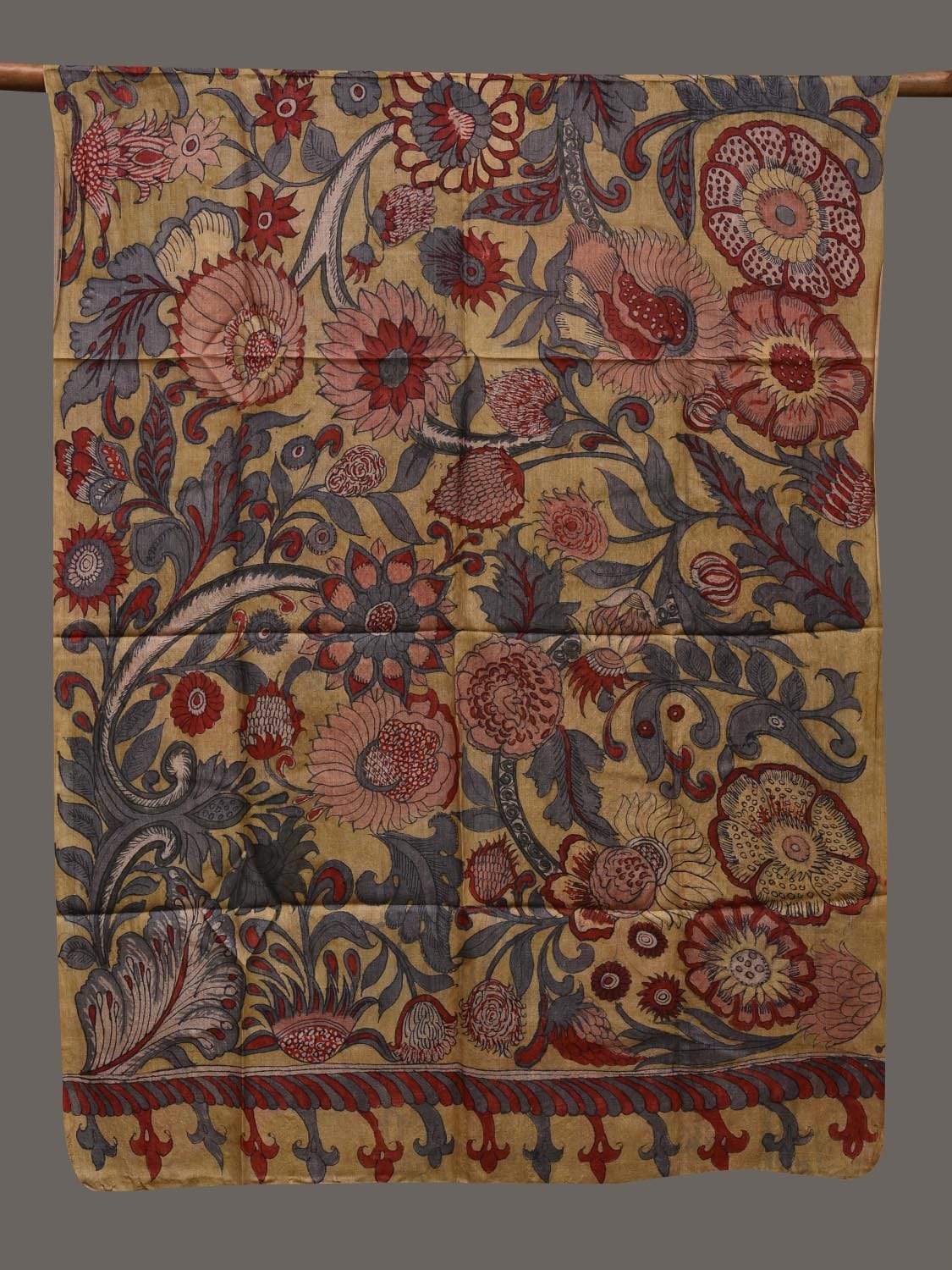 Mustard Kalamkari Hand Painted Tussar Handloom Dupatta with Floral Design ds2389