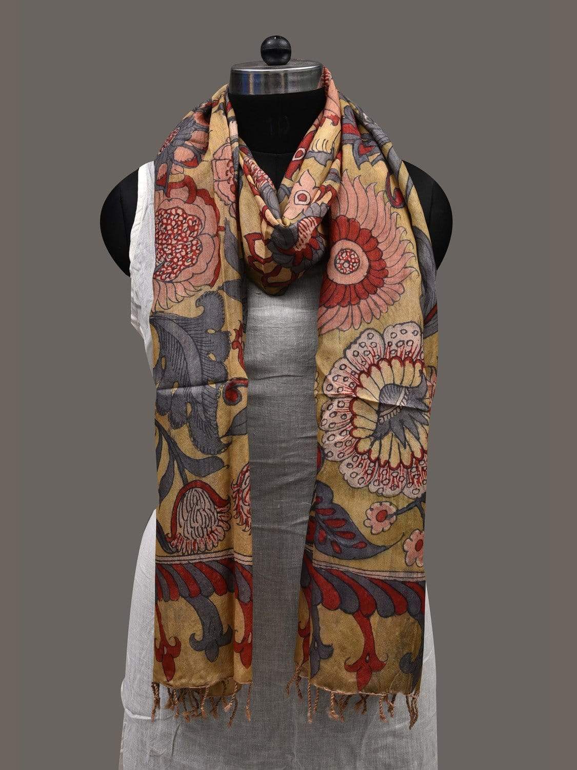 Mustard Kalamkari Hand Painted Tussar Handloom Dupatta with Floral Design ds2389