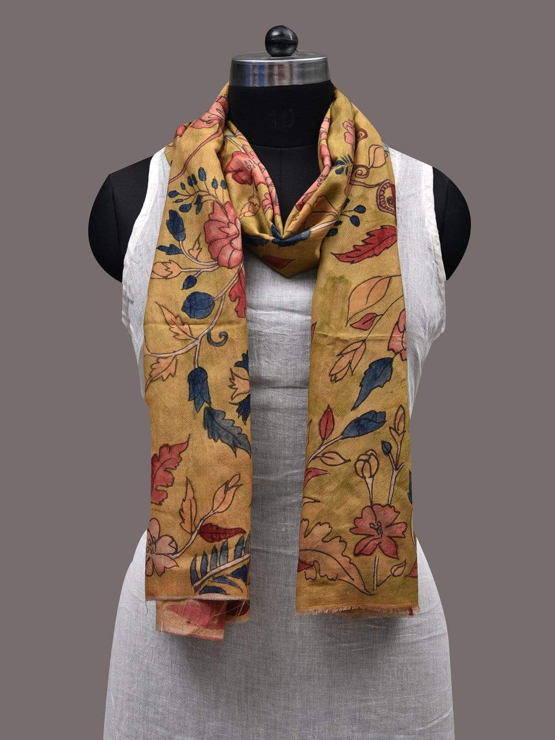 Mustard Kalamkari Hand Painted Tussar Handloom Stole with Birds and Flowers Design ds2413
