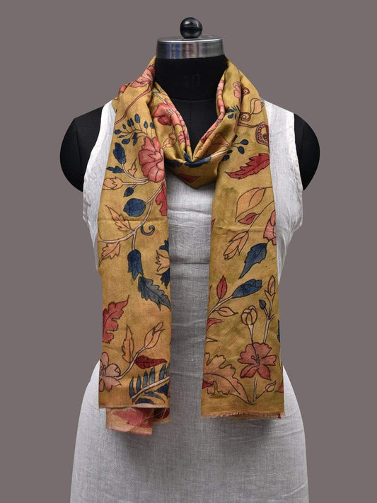 Mustard Kalamkari Hand Painted Tussar Handloom Stole with Birds and Flowers Design ds2413