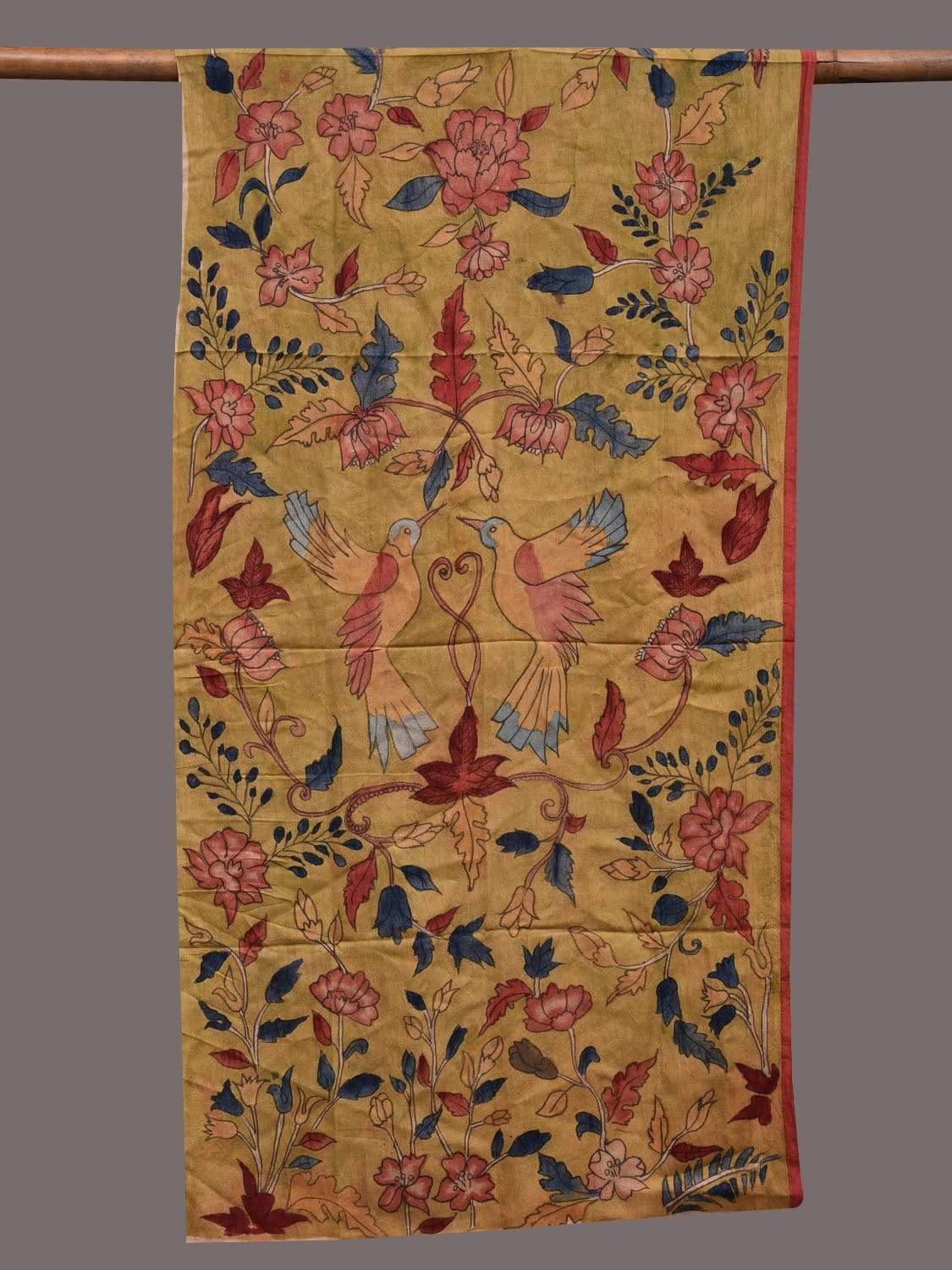 Mustard Kalamkari Hand Painted Tussar Handloom Stole with Birds and Flowers Design ds2413