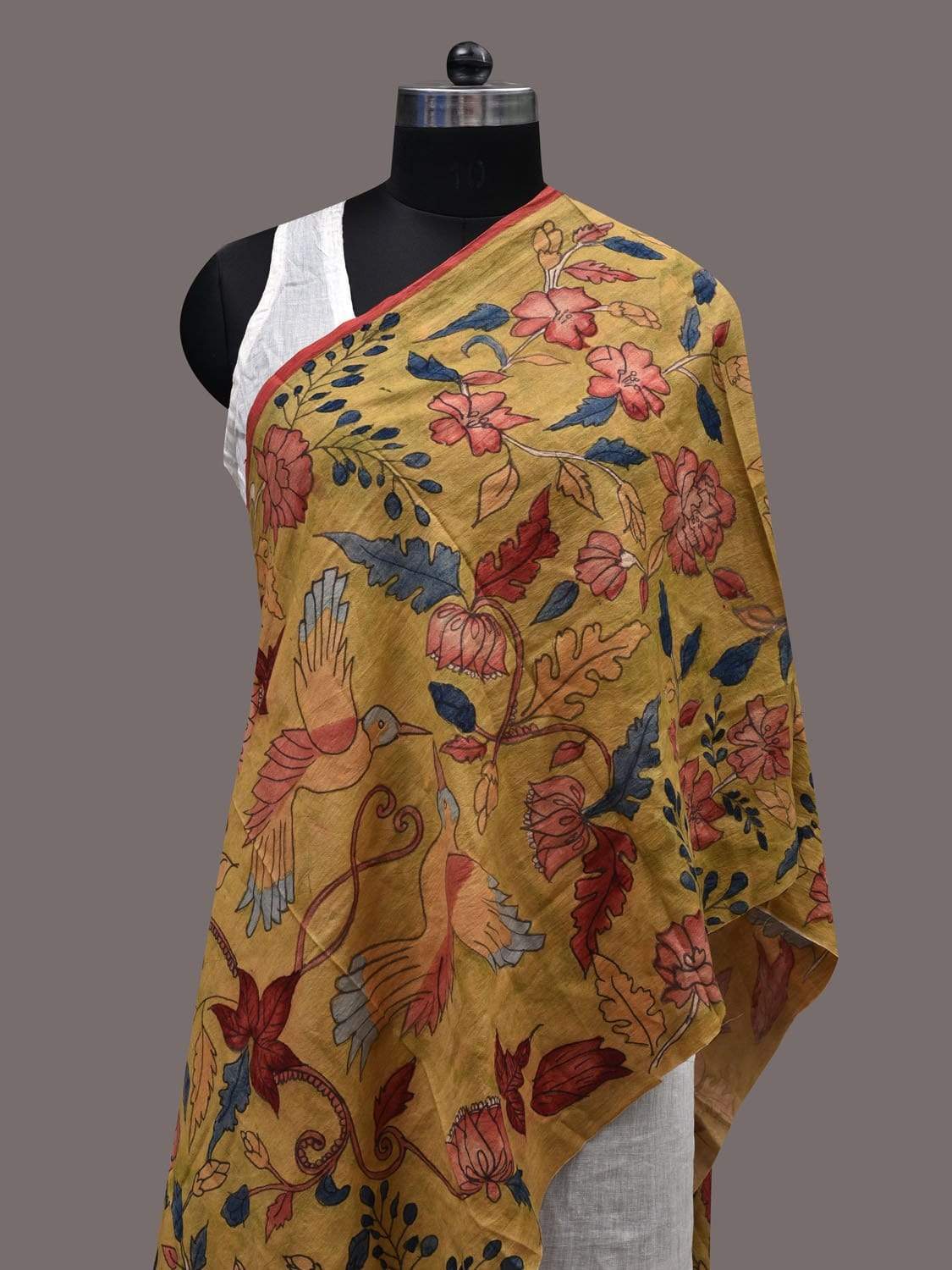 Mustard Kalamkari Hand Painted Tussar Handloom Stole with Birds and Flowers Design ds2413