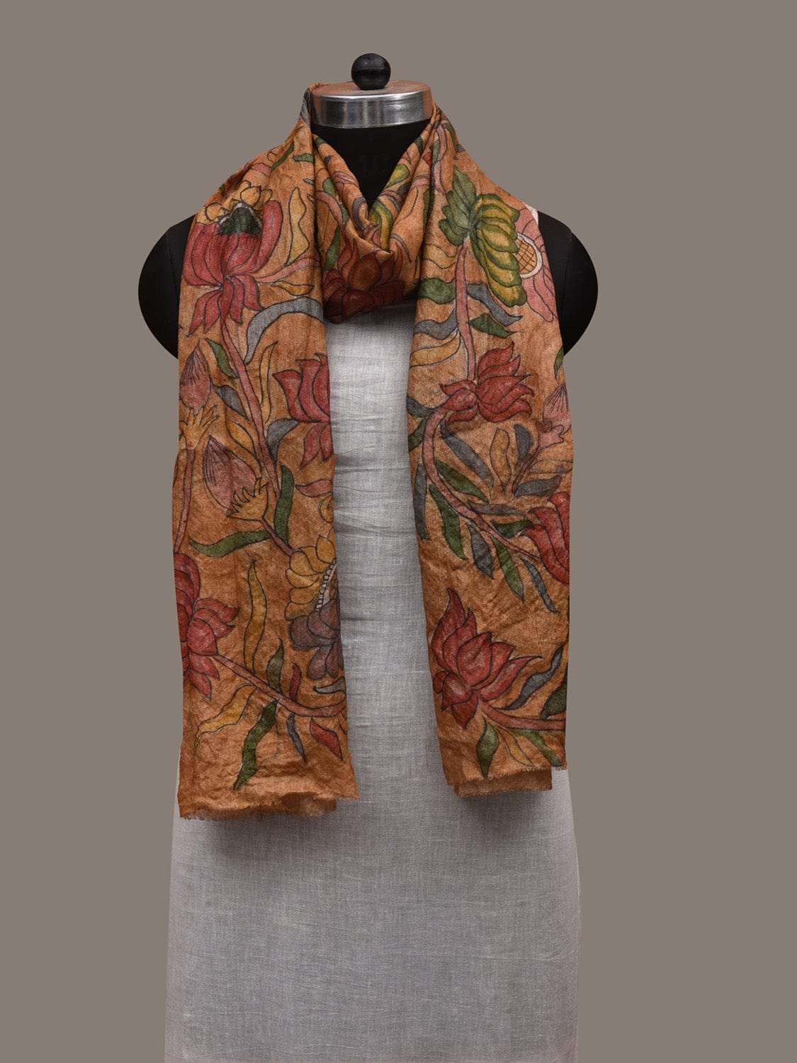 Mustard Kalamkari Hand Painted Tussar Handloom Stole with Lotus Flowers Design ds2937
