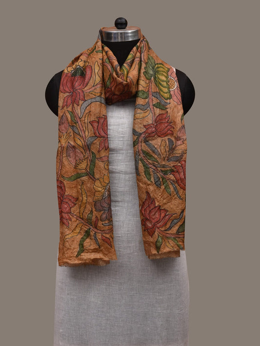 Mustard Kalamkari Hand Painted Tussar Handloom Stole with Lotus Flowers Design ds2937