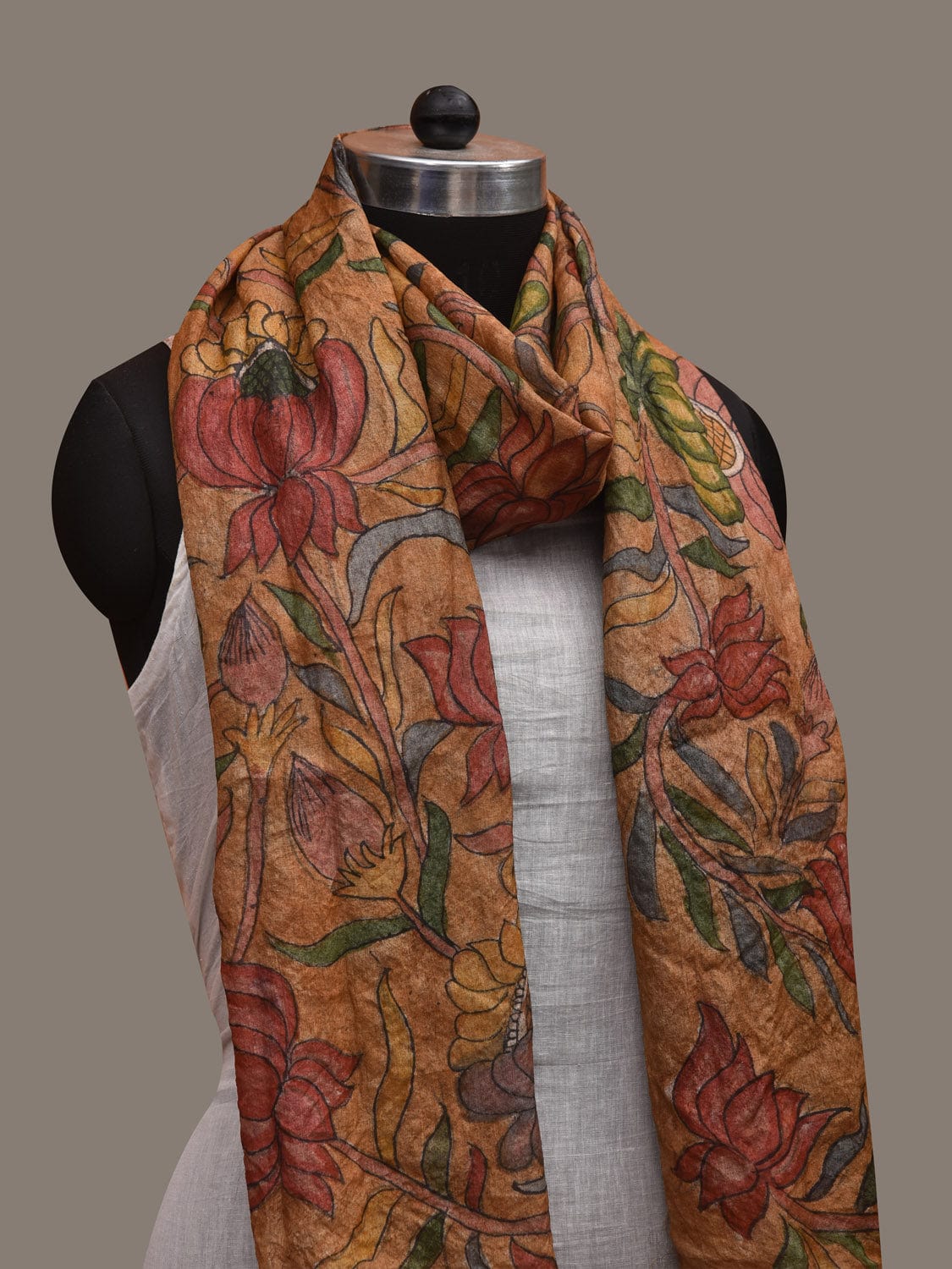 Mustard Kalamkari Hand Painted Tussar Handloom Stole with Lotus Flowers Design ds2937