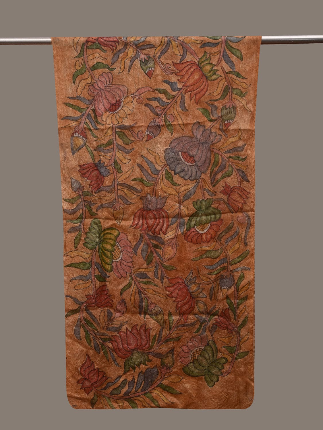 Mustard Kalamkari Hand Painted Tussar Handloom Stole with Lotus Flowers Design ds2937