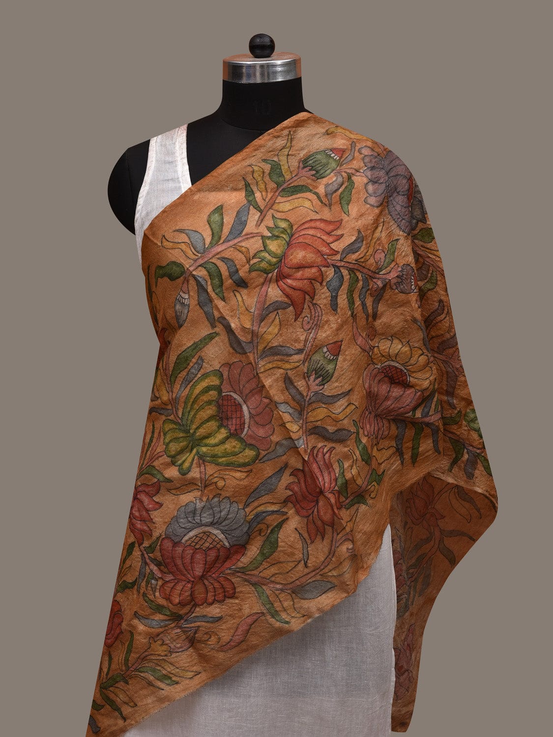 Mustard Kalamkari Hand Painted Tussar Handloom Stole with Lotus Flowers Design ds2937