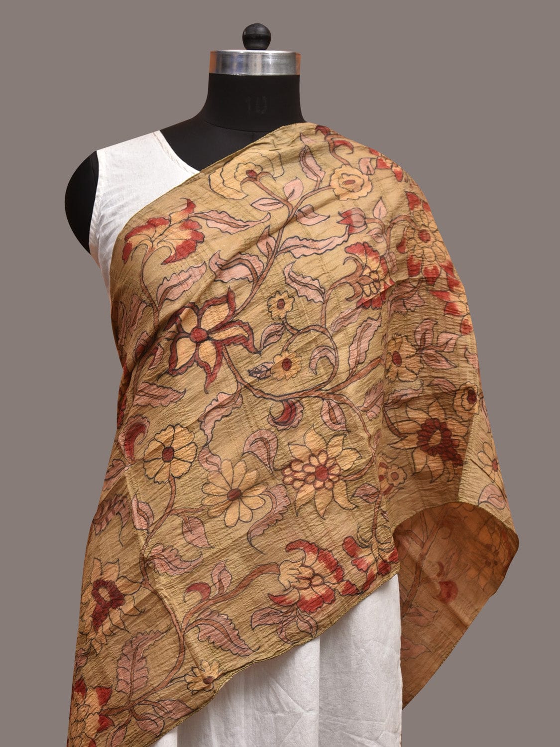 Mustard Kalamkari Hand Painted Tussar Stole with Floral Design ds3589