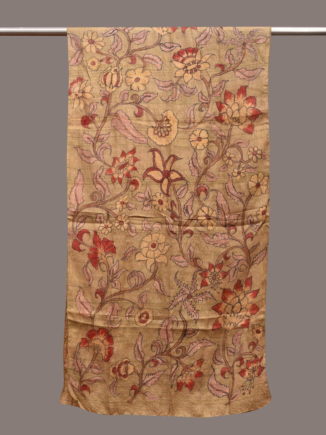 Mustard Kalamkari Hand Painted Tussar Stole with Floral Design ds3589