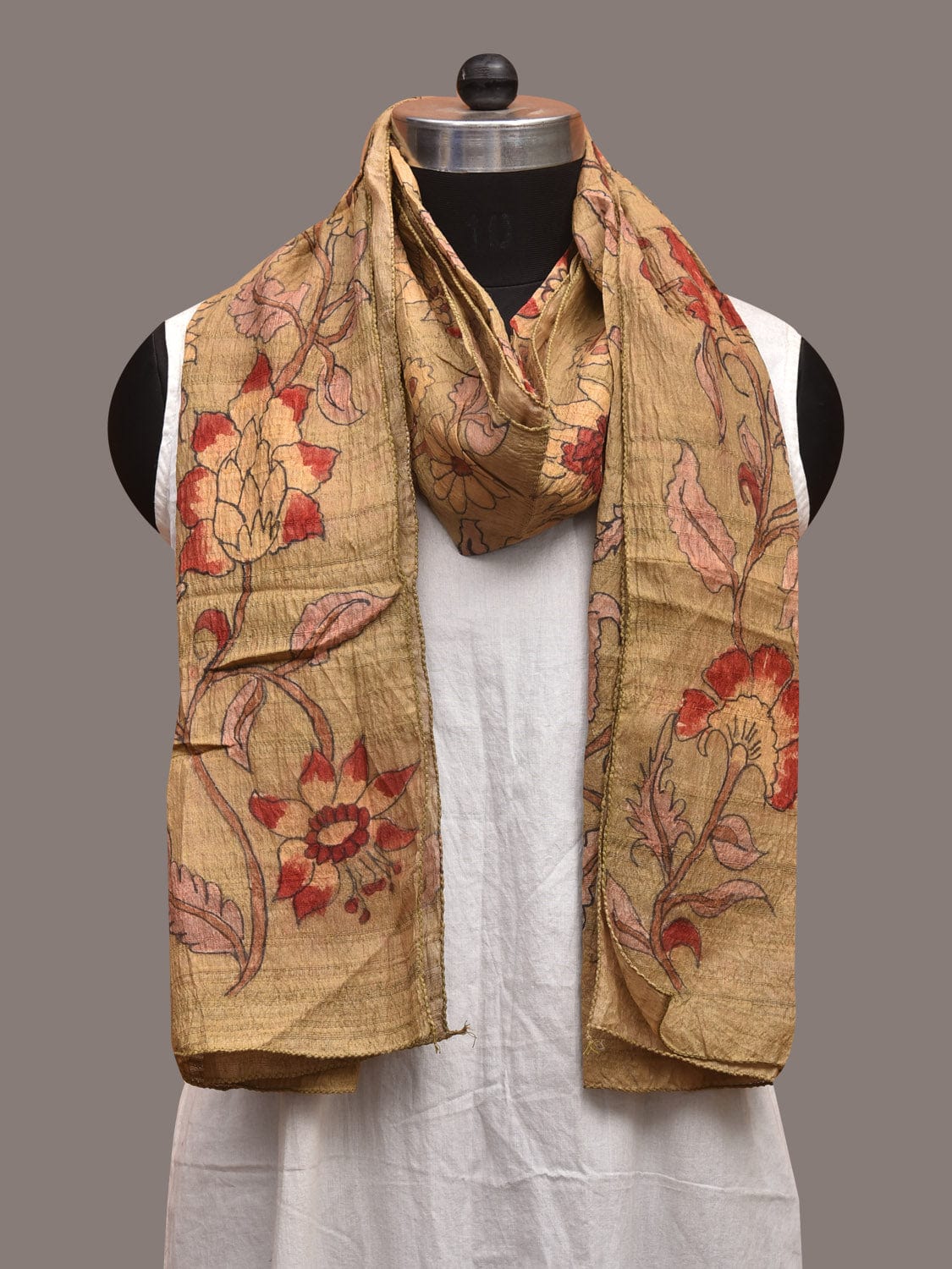 Mustard Kalamkari Hand Painted Tussar Stole with Floral Design ds3589