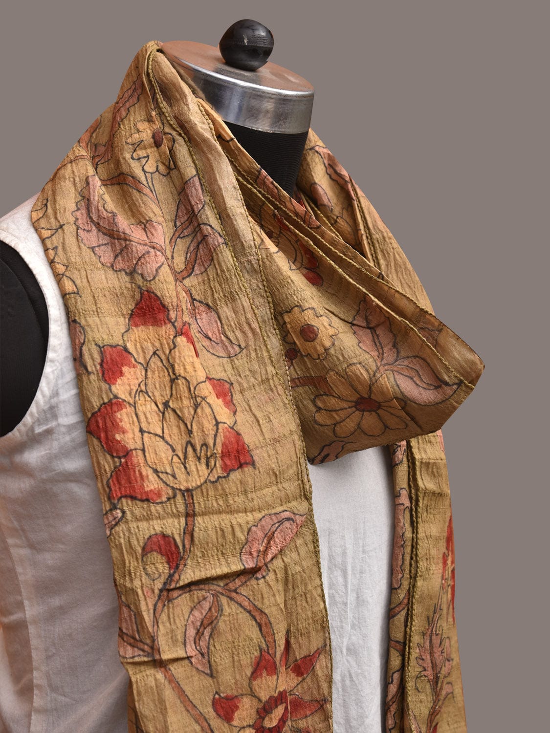 Mustard Kalamkari Hand Painted Tussar Stole with Floral Design ds3589