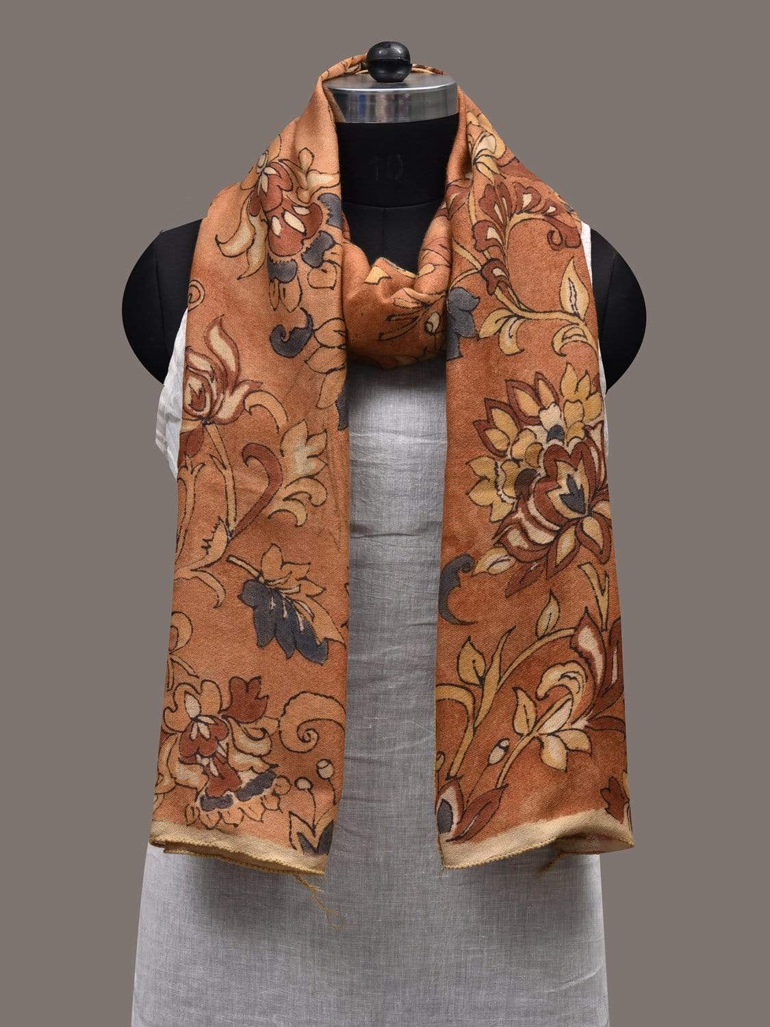 Mustard Kalamkari Hand Painted Woolen Handloom Stole with Floral Design ds2436