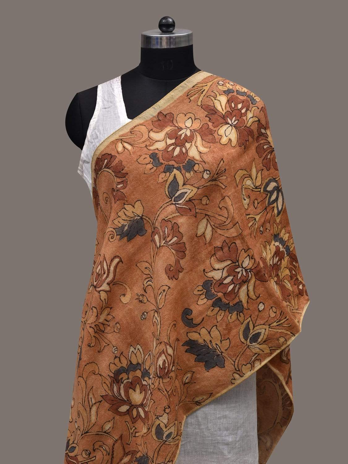 Mustard Kalamkari Hand Painted Woolen Handloom Stole with Floral Design ds2436