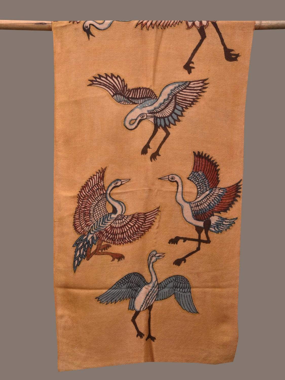 Mustard Kalamkari Hand Painted Woolen Stole with Birds Design ds2350