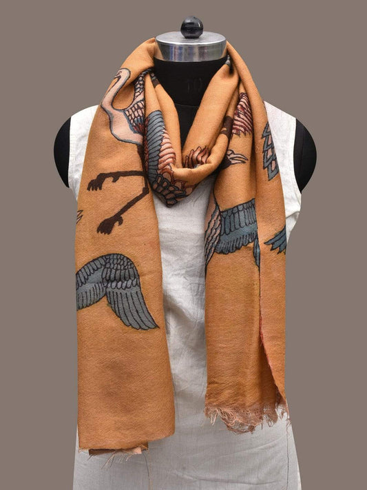 Mustard Kalamkari Hand Painted Woolen Stole with Birds Design ds2350