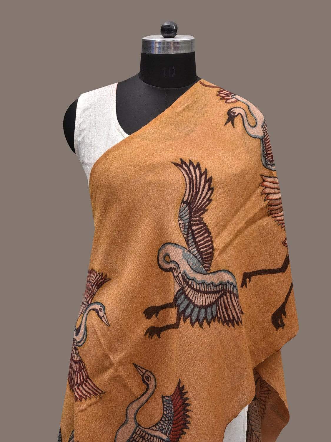 Mustard Kalamkari Hand Painted Woolen Stole with Birds Design ds2350