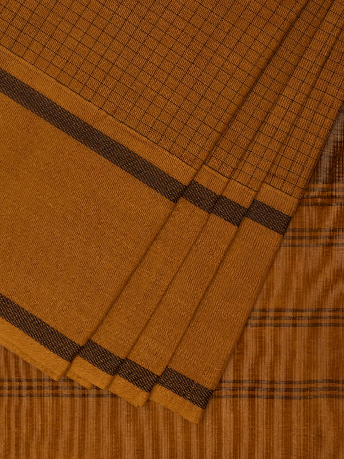Mustard Kanchipuram Cotton Saree with Checks and Strips Pallu Design k0717