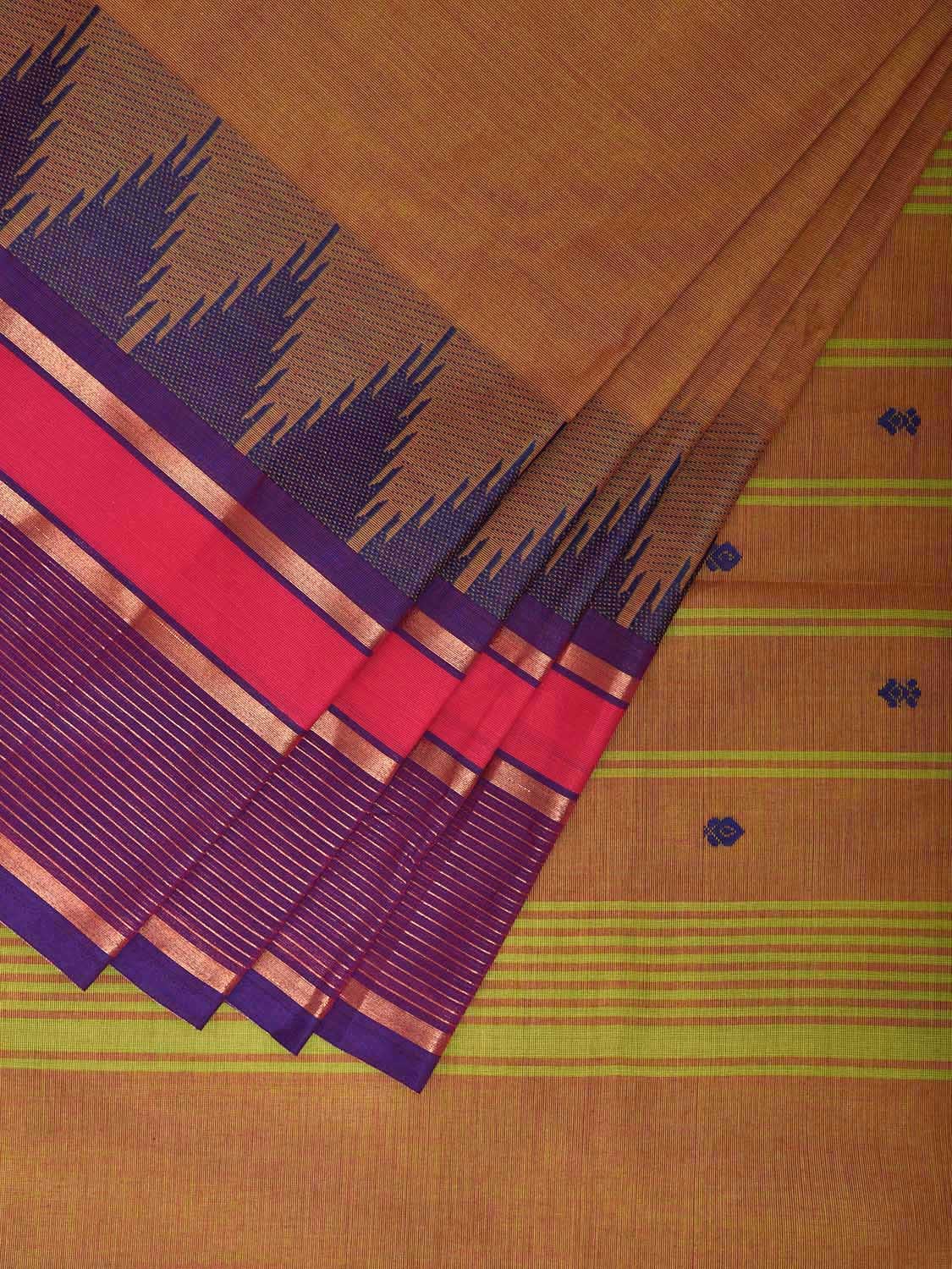 Mustard Kanchipuram Cotton Saree with Ganga-Jamuna Temple Border Design k0807