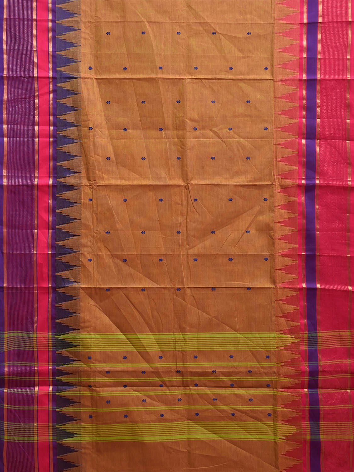 Mustard Kanchipuram Cotton Saree with Ganga-Jamuna Temple Border Design k0807