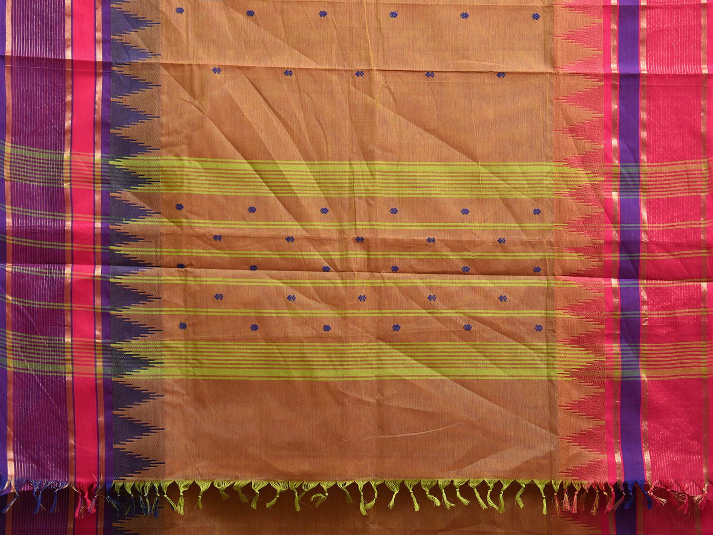 Mustard Kanchipuram Cotton Saree with Ganga-Jamuna Temple Border Design k0807