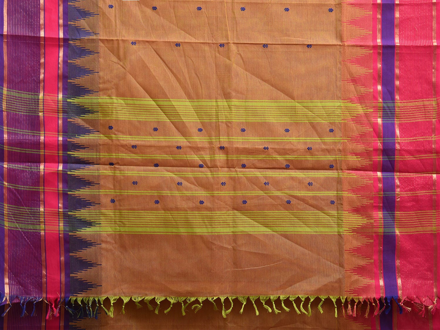 Mustard Kanchipuram Cotton Saree with Ganga-Jamuna Temple Border Design k0807