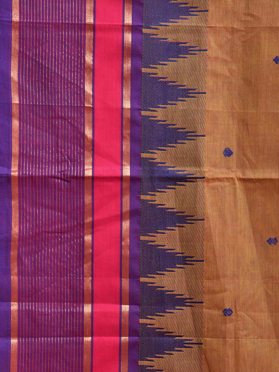 Mustard Kanchipuram Cotton Saree with Ganga-Jamuna Temple Border Design k0807