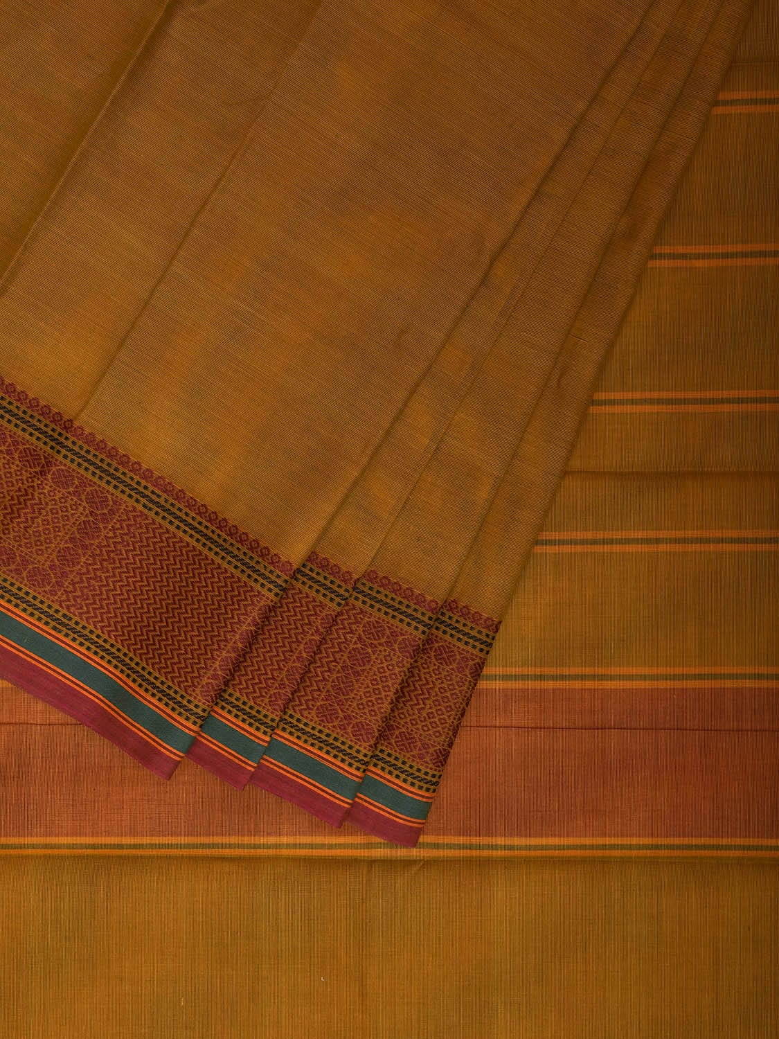 Mustard Kanchipuram Cotton Saree with Strips Pallu and Border Design k0862
