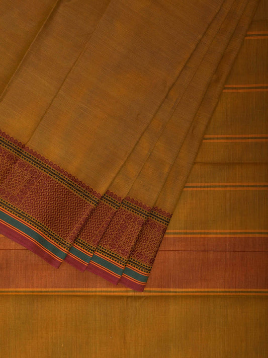 Mustard Kanchipuram Cotton Saree with Strips Pallu and Border Design k0862