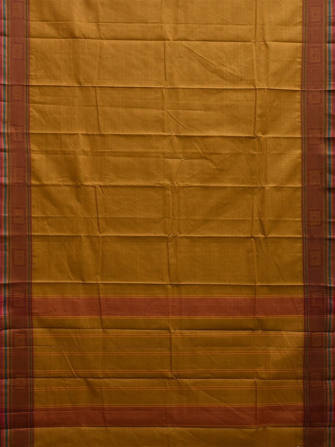 Mustard Kanchipuram Cotton Saree with Strips Pallu and Border Design k0862