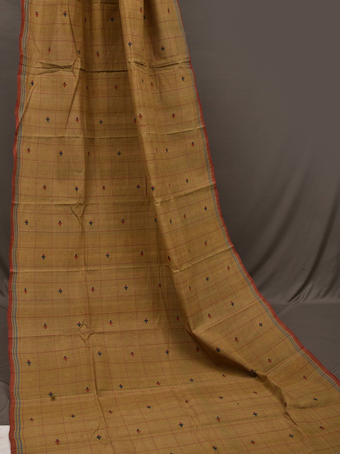 Mustard Khadi Cotton Natural Dye Handloom 2.5mts Fabric with Buta and Checks Design f0192