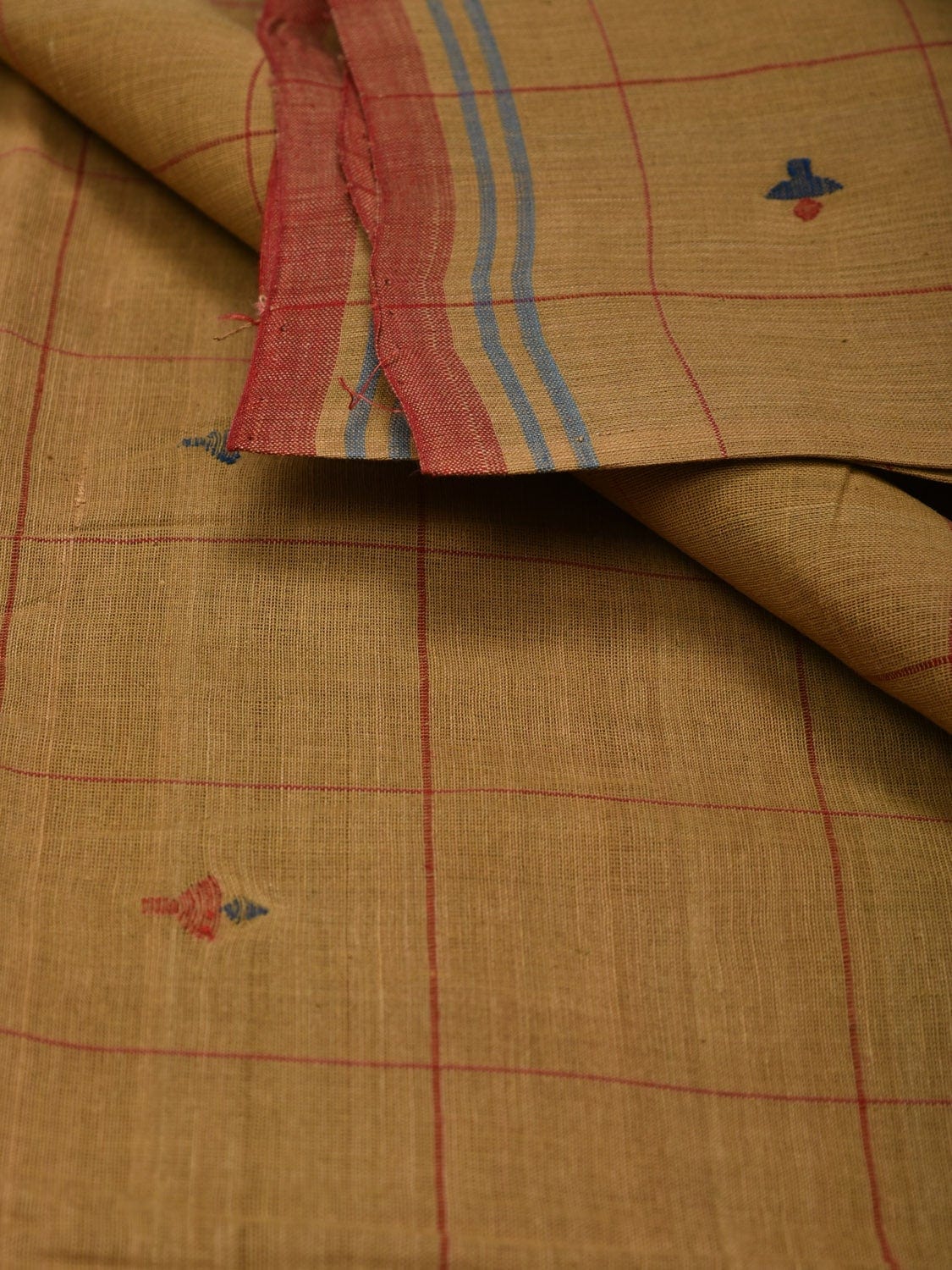 Mustard Khadi Cotton Natural Dye Handloom 2.5mts Fabric with Buta and Checks Design f0192