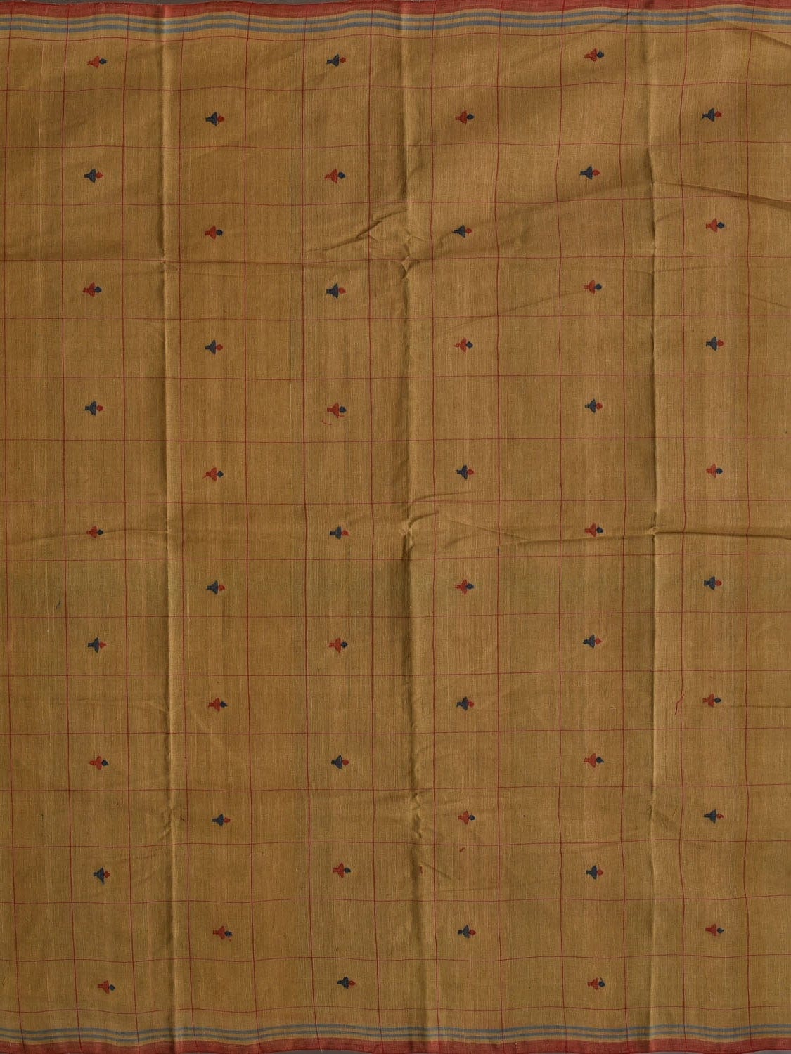 Mustard Khadi Cotton Natural Dye Handloom 2.5mts Fabric with Buta and Checks Design f0192