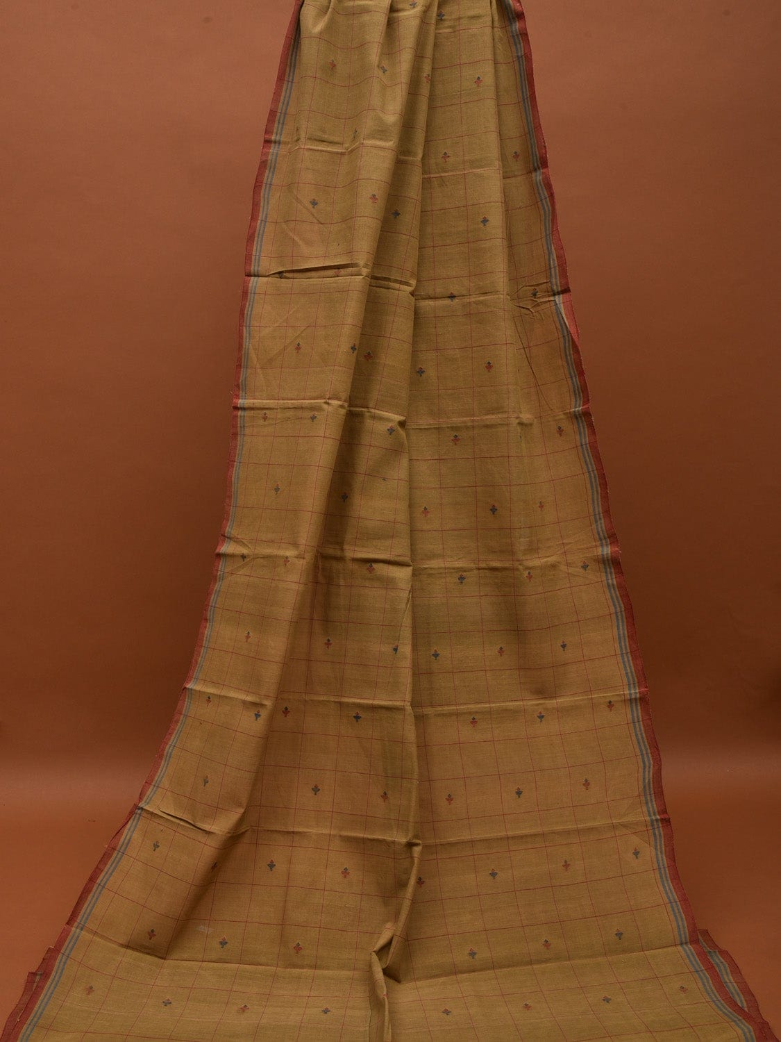 Mustard Khadi Cotton Natural Dye Handloom 2.5mts Fabric with Buta and Checks Design f0195