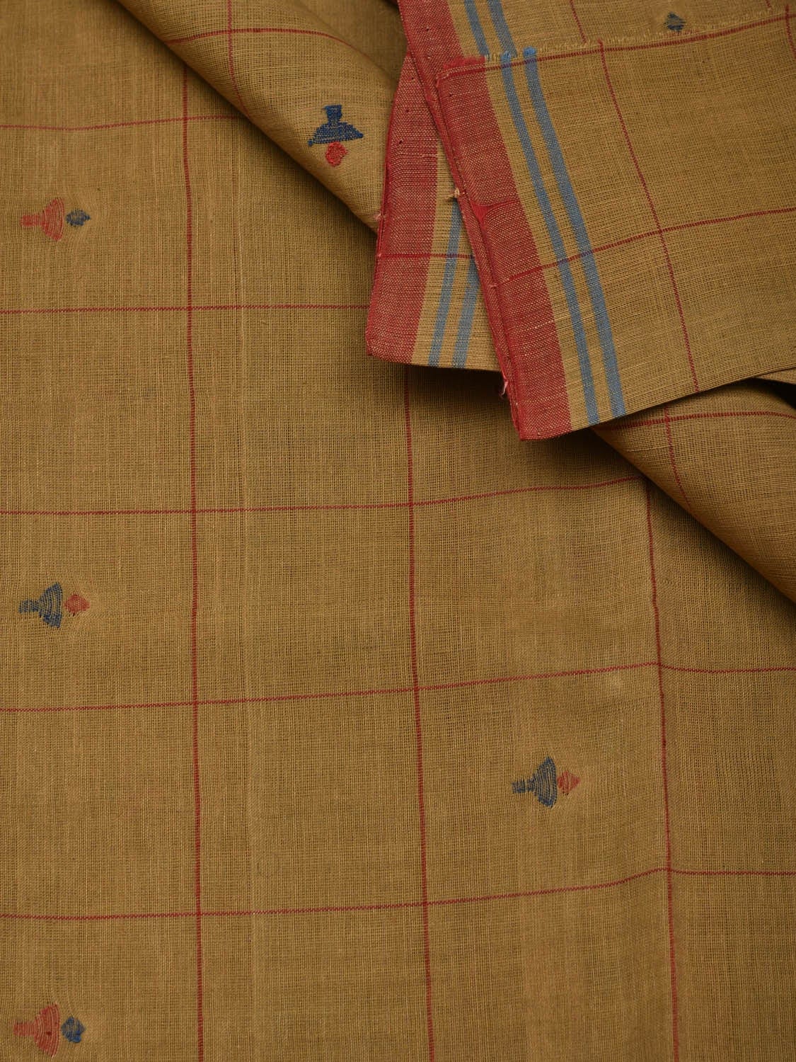 Mustard Khadi Cotton Natural Dye Handloom 2.5mts Fabric with Buta and Checks Design f0195