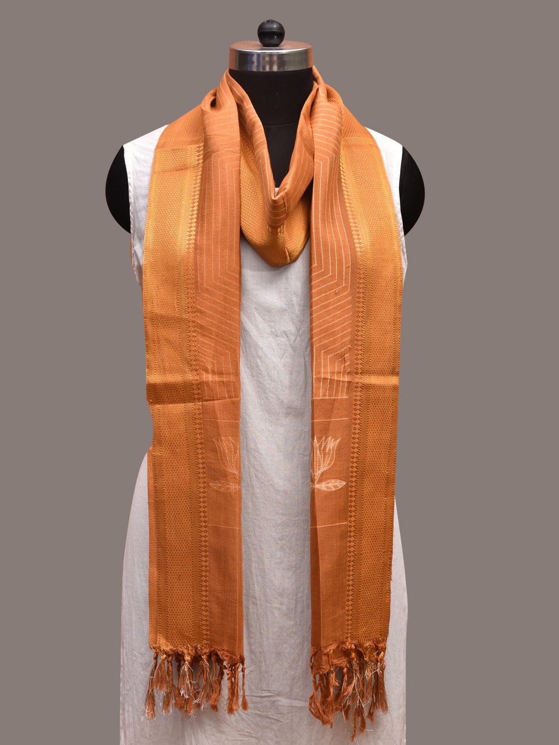 Mustard Shibori Sico Dupatta with Geometric and Lotus Flowers Design ds3622