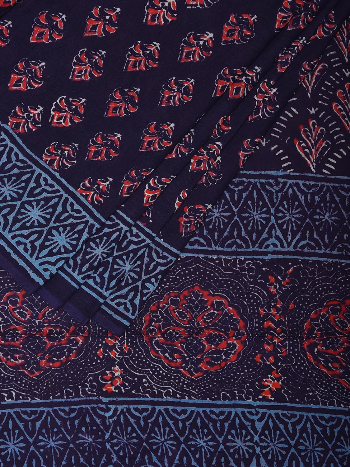 Navy and Blue Pedana Block Print Kalamkari Cotton Saree with Buta, Border and Pallu Design o0531