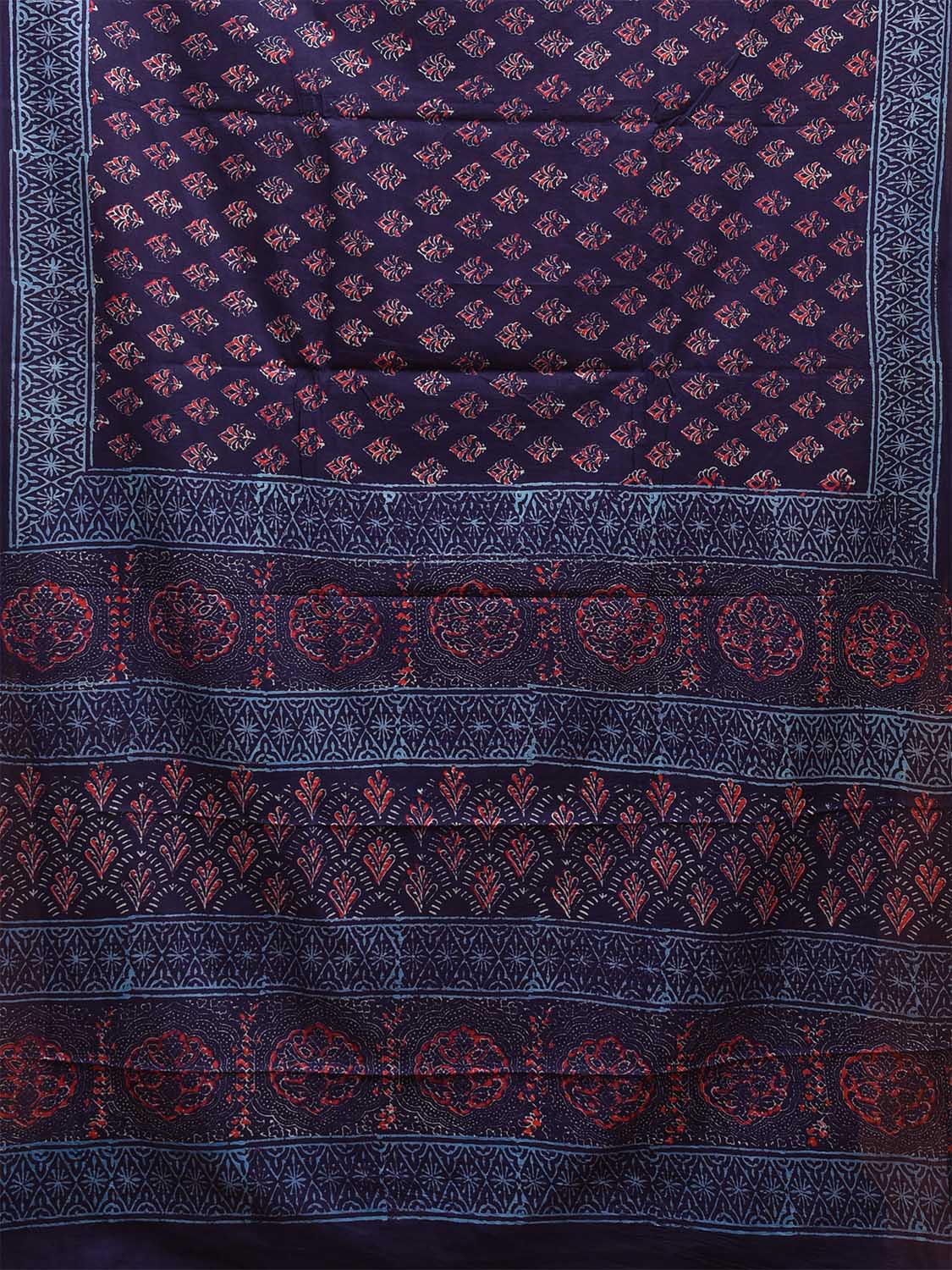 Navy and Blue Pedana Block Print Kalamkari Cotton Saree with Buta, Border and Pallu Design o0531