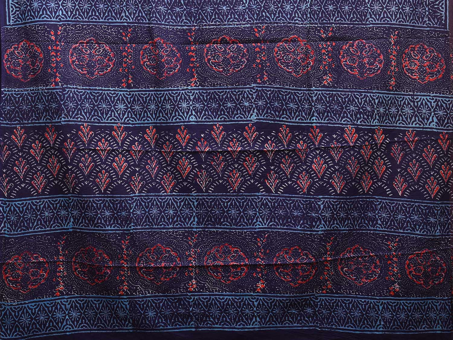 Navy and Blue Pedana Block Print Kalamkari Cotton Saree with Buta, Border and Pallu Design o0531