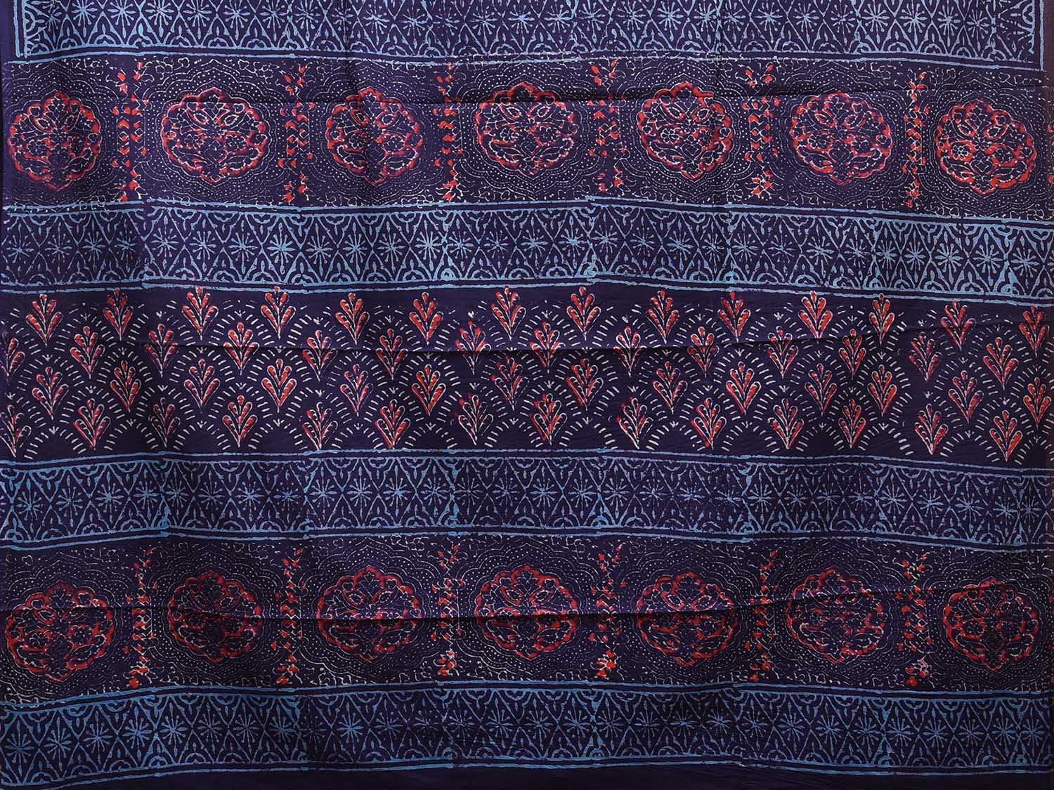 Navy and Blue Pedana Block Print Kalamkari Cotton Saree with Buta, Border and Pallu Design o0531
