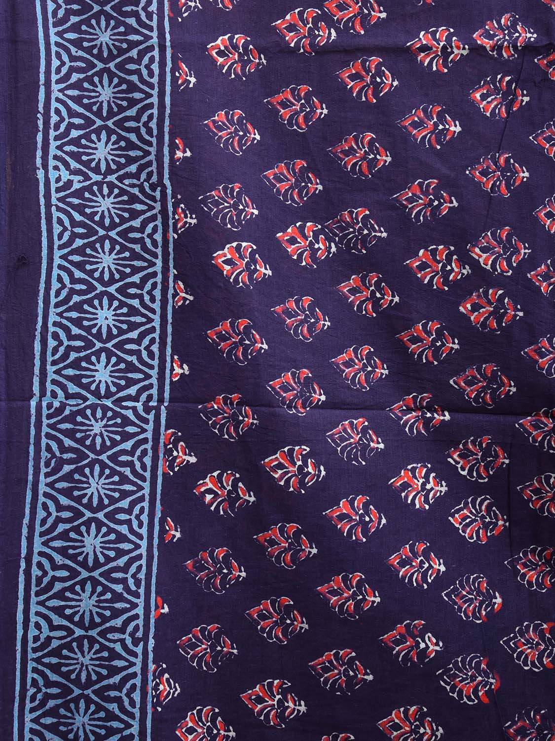 Navy and Blue Pedana Block Print Kalamkari Cotton Saree with Buta, Border and Pallu Design o0531