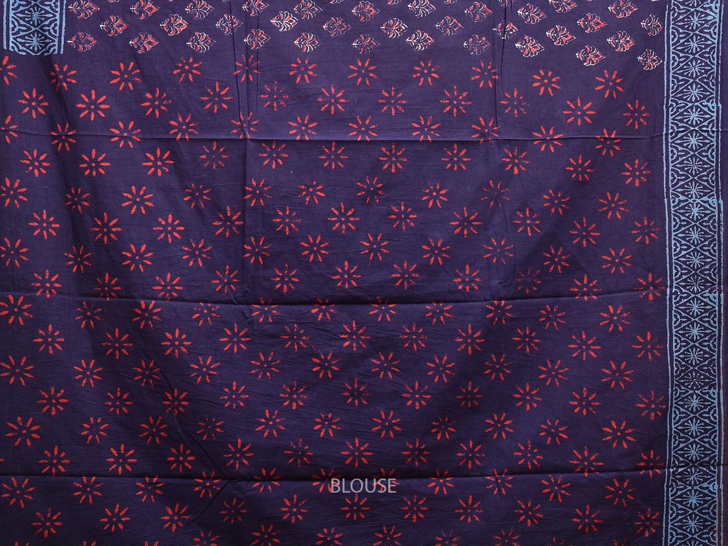 Navy and Blue Pedana Block Print Kalamkari Cotton Saree with Buta, Border and Pallu Design o0531