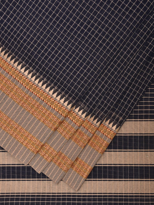 Navy and Cream Bamboo Cotton Saree with Checks Design No Blouse bc0333