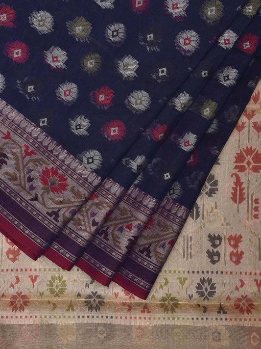 Navy and Cream Dhakai Jamdani Cotton Viscose Saree with Buta and Border Design dj0094